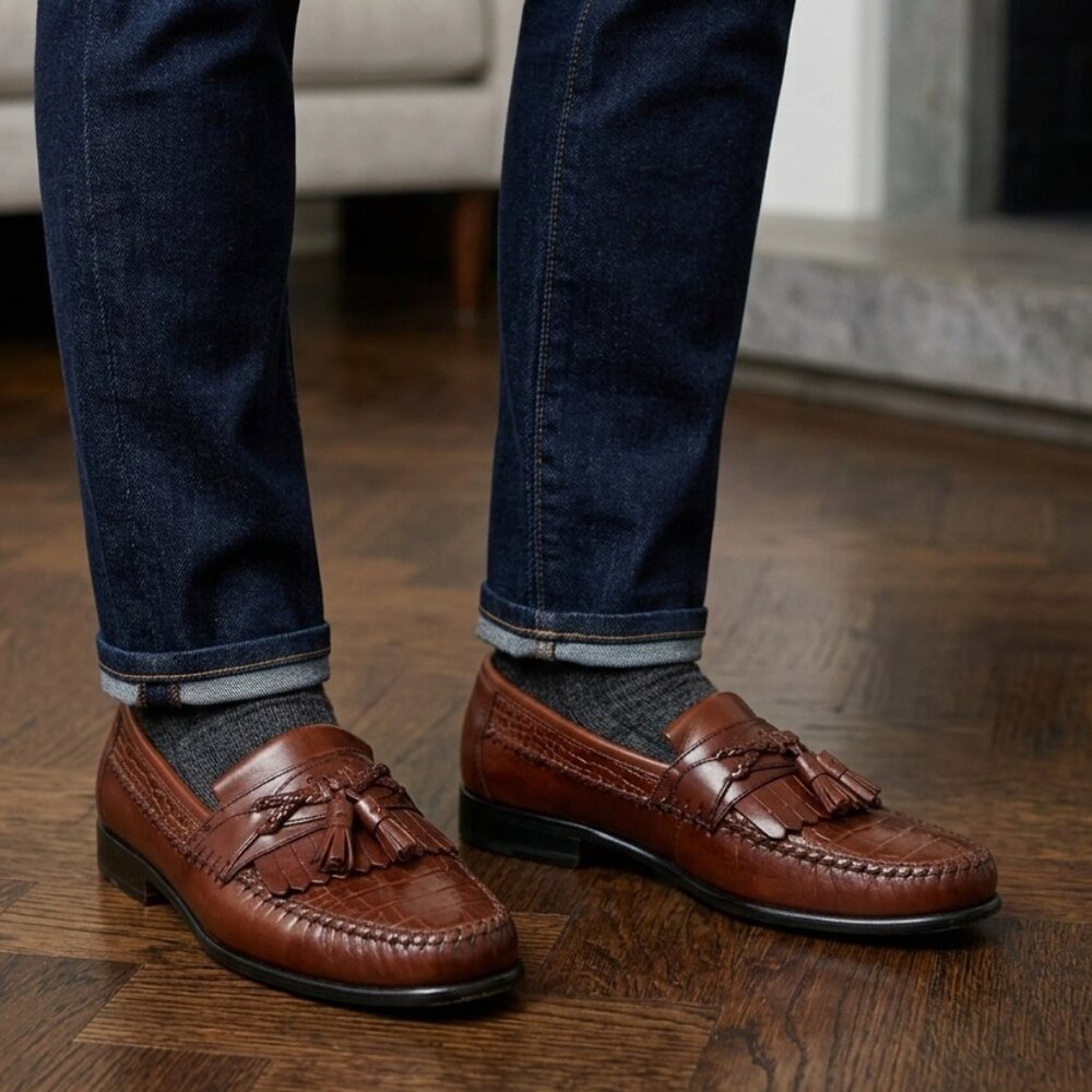 Giorgio Brutini Brown Croc Embossed Leather Kiltie Tassel Loafers size 10.5